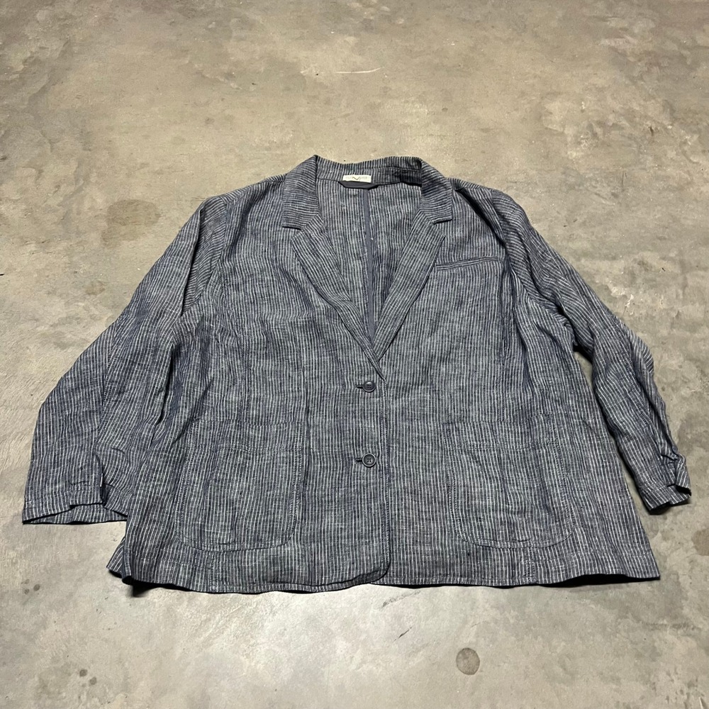 Eileen Fisher Woman 2X Linen Blazer Navy Blue Pinstripe Jacket S4CHB-4
